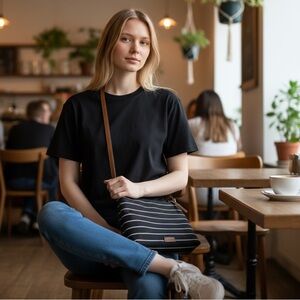 Fossil Devon Crossbody Purse, Black with White Heart Stripes with Brown Accents